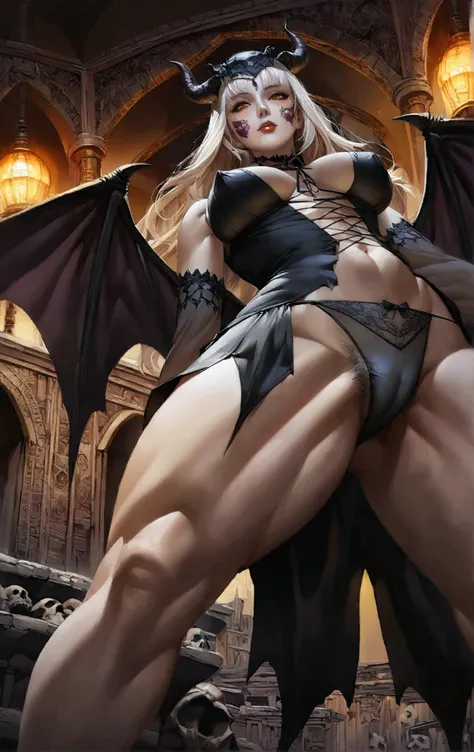 from below, 1girl, mature, milf, 50 years old, full body portrait, ancient succubus, athletic build, abs, day of the dead facepaint, straddling over the camera with legs spread wide open, open legs, see through panties, pubic hair, demon wings, horns, scar...