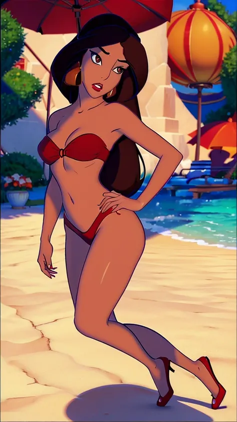 (masterpiece), ((8K)), best quality, expressive eyes, perfect face, sexy, perfect body, sexy full body,

 red bikini, big bikini, makeup, red laps, big , sexy legs, 3D body, sexy big waist, (red eyes), miragex, 
, long hair, long red shoes, red robe