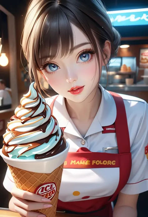 a beautiful young woman in a clean and crisp fast food uniform, beautiful detailed eyes, beautiful detailed lips, extremely detailed face, long eyelashes, friendly and courteous expression, making delicious soft serve ice cream, popular fast food restauran...