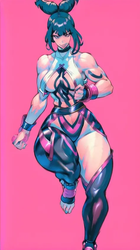 Full body image of Juri Han from Street Fighter 6, From head to toe, wearing her outfit from street fighter 6, female body, athletic body, dynamic pose, detailed pose, simple background, expressive face showing a mischievous grin, focus on face, line art, ...