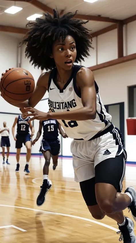 A black woman training basketball, confrontation, loose curly hair, sprinting, delicious