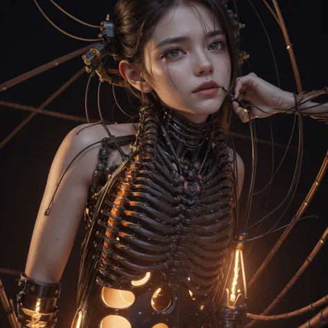 (((masterpiece))), ((Highest quality)), (Super Detail), (CG illustration), (So evil and beautiful)), Cinematic Light, ((1. Mechanical Girl)), single, (Mechanical Arts: 1.4), ((Mechanical Limbs)), (Blood vessel attached to a tube), ((Mechanical spine attach...