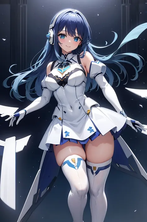 Mecha Wings、White and blue skirt、Accentuated thighs、White tights、chest、Beautiful dark blue hair、1 girl、solo girl、Thick thighs、IS、Frame Arms Girl、Alice Gere Aegis、White Armor、Blue and purple lines、income、headphone、hand on own chest、smile