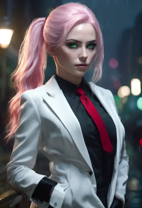 1 woman, night setting, wearing a black suit with red tie, black gloves on hands, detailed facial features, feminine green eyes, detailed white skin, light pink hair in a short ponytail, image showing full body, dramatic lighting , cinematic composition, c...