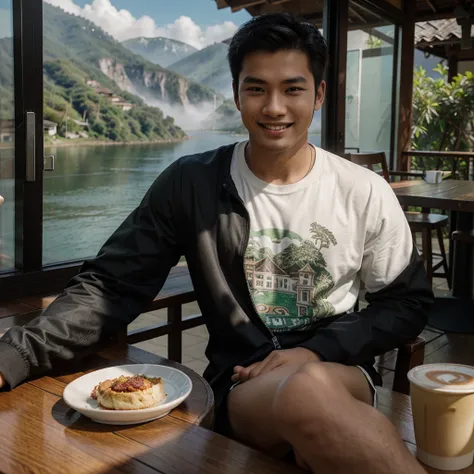 Professional photography of a handsome young asian. Wearing a black jacket, white, green and red t-sirt, with a picture of a balinese mask. Chatting a little smiling, sitting in an open cafe at the top of the mountain, on the table there was 1 cup of black...