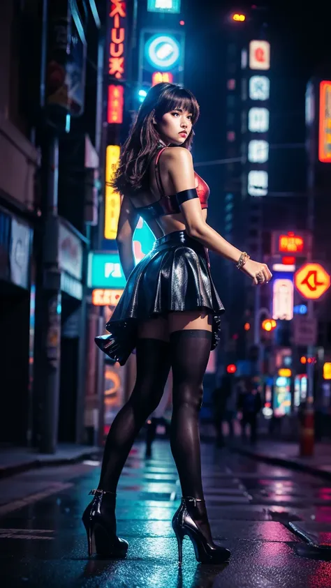 beautiful iron man，full body portrait，wearing a jk skirt，black pantyhose，wearing high heels，cyberpunk，night，hyperrealism，neon st...