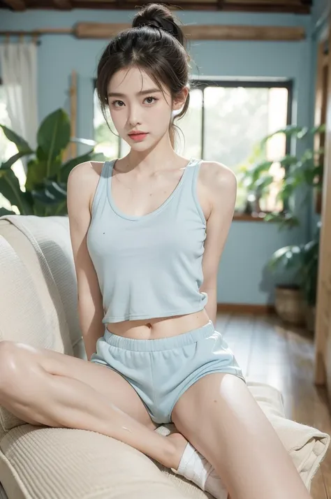 (((best quality))),(((ultra detailed))),(((masterpiece))),illustration,(1 beautiful girl,solo),((slim,thin)),((small breasts,flat chest)),(blush:1.5),summer afternoon,living room,sanctuary of tranquility,fitness,grace,(short ponytail:1.2),effortless elegan...