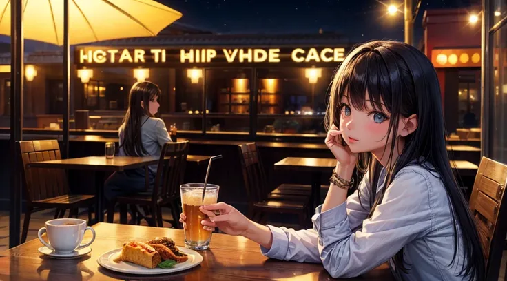 (Original photo, Highest quality), 1 girl, Lisa, night,Cafe, relax, Satosh Khan&#39;Art Style