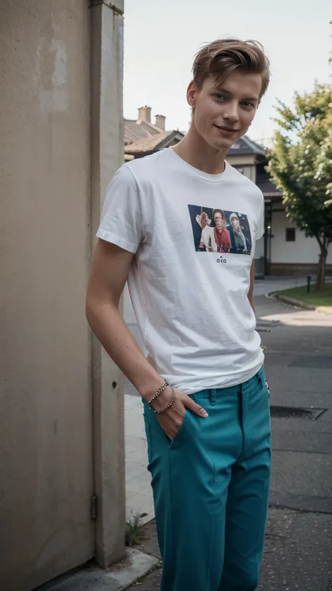 Janis Ancens, preppy haircut, classic pants, t-shirt and pants, elegant watch, smile, filming on camera, full view