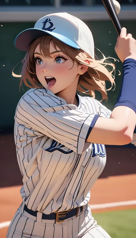 Woman hitting a home run,Baseball uniform,modern, Verism, masterpiece, textured skin, super detail, best quality, 4K