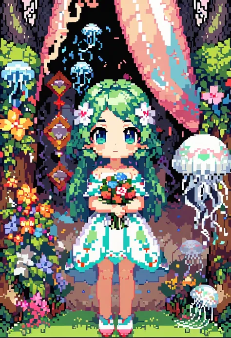 Close-up of a cross-stitch painting of a woman holding flowers, Brush ff6, Pixel Art Sprites, Visual Novel Sprites, Snakeskin Armor Forest Dryad, Symmetrical Portrait RPG Avatar, Jellyfish Shrine Maiden 8k, Elf girl in floral dress, Full body sprite, made ...