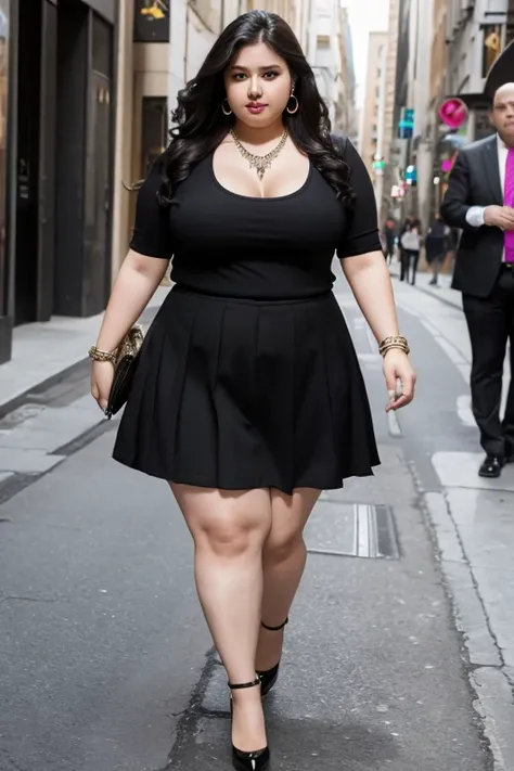 140kg extremely obese woman, mini skirt, high heel, necklace, earring, bracelet