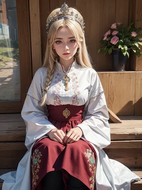 Nadia Ivanova is a 28-year-old Russian woman, originally from the historic city of Suzdal. Her beauty is marked by her light blue eyes and blonde hair., always braided into an intricate crown around the head. She wears a traditional Russian costume known a...