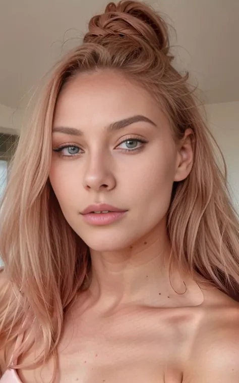 Créer un portrait réaliste dune  jolie jeune femme de 21 ans  blonde aux yeux claire, de long cheuveux oudulé qui tombe sur son épaule, un visage magnifique est doux avec de long cils qui lui donne un regard envoutant