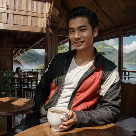 Professional photography of a handsome young asian. Wearing a black jacket, white, green and red t-sirt, with a picture of a balinese mask. Chatting a little smiling, sitting in an open cafe at the top of the mountain, on the table there was 1 cup of black...