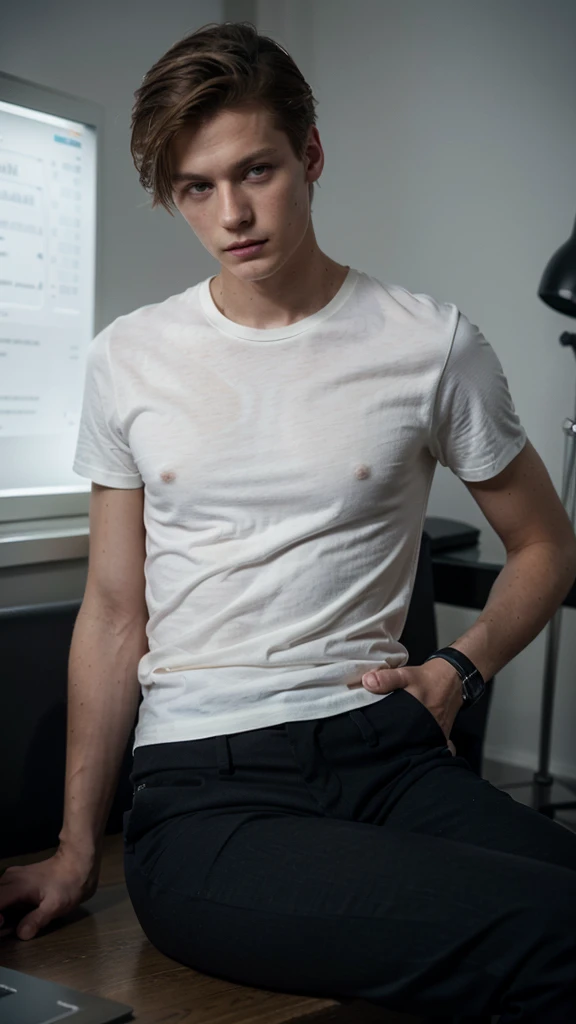 Janis Ancens, preppy haircut, classic pants, dark t-shirt and pants, elegant watch, smirk, sitting in the directors room, full view