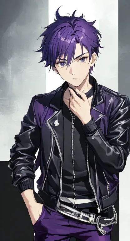 ((Highest quality)), ((masterpiece)), (detailed), ((One young man))、(mature male)、(20-year-old male)、((A photo showing your thighs to the top of your head))、(Standing straight, facing the camera)、Purple Hair、Iris、Short Hair、(Glaring expression)、black biker...