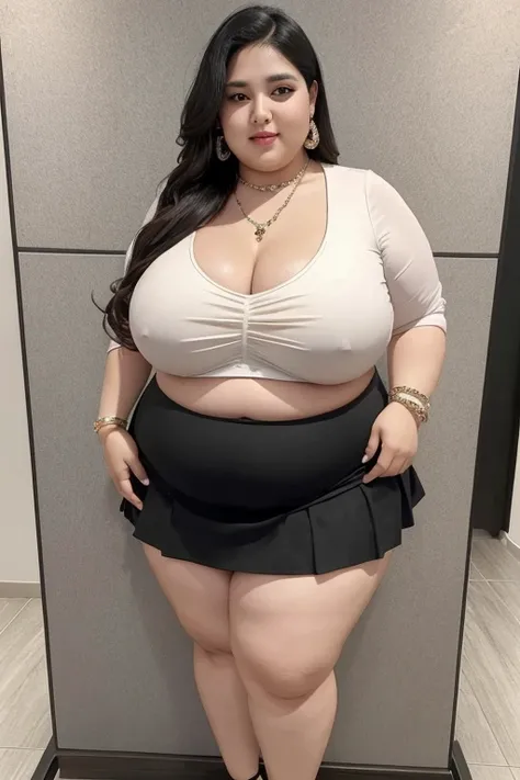 140kg extremely obese woman, large stomach, mini skirt, high heel, necklace, earring, bracelet