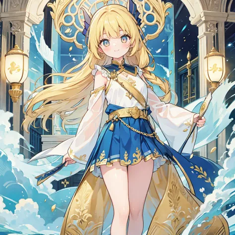 ((best quality)), ((masterpiece)), (detailed), an optimistic girl，wear a blue skirt with gold trim，有着金色的头发和golden eyes，golden ey...