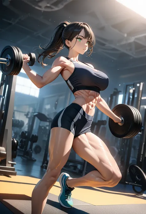 ((Best quality, 8K, masterpiece:1.5)), (anime style, ultra-detailed, vibrant colors:1.4),
1 anime girl, large expressive green eyes, long flowing dark hair tied in a ponytail,
slim waist, toned athletic body, 
camera angle from the side showing full body, ...