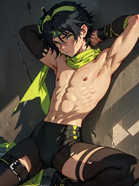 ((Fine details)), Best Shadow,Cinema Lighting,Highest quality,((Very detailed))　masterpiece　The body is slim　Embarrassing　Black Hair　Yellow-green eyes　Torn tights　Electricity began　get wet　Big eyes　thin　The suit was torn　Upper body naked　sweating　Delicate ...