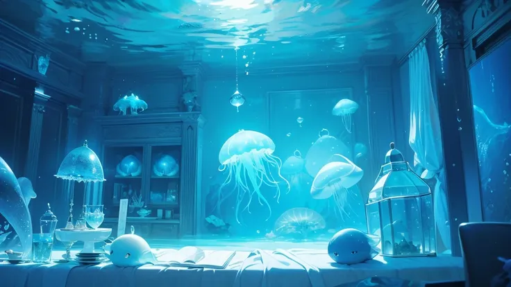 Room under the sea、From inside the room you can see mysterious jellyfish and other sea creatures.、The Underwater World、A room made of transparent materials、dim、The glow of the jellyfish creates a fantastical atmosphere、Fantasy、In the sea、Light shines in