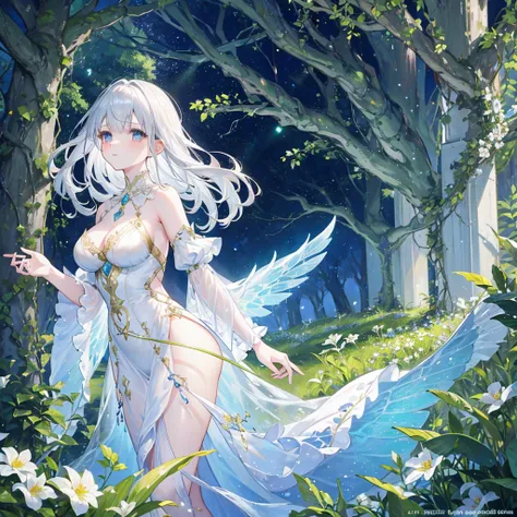 A mesmerizing scene featuring a fairy-like young woman standing in an enchanted garden. She has long, flowing silver hair and translucent wings that sparkle with light. Her attire is a delicate, shimmering dress made of intricate, crystal-like patterns tha...