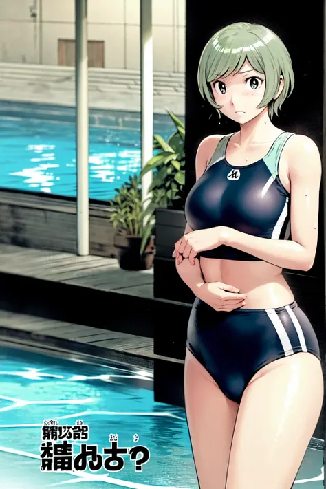 Blue school swimsuit、(masterpiece、Highest quality)、Highest quality, Ultra-high resolution, (((masterpiece))), alone, Sweat、Big eyes, Composition from the front、Shortcuts、Embarrassed face、blonde、Cut your hair short、School swimming pool、short hair、Pussy Line...