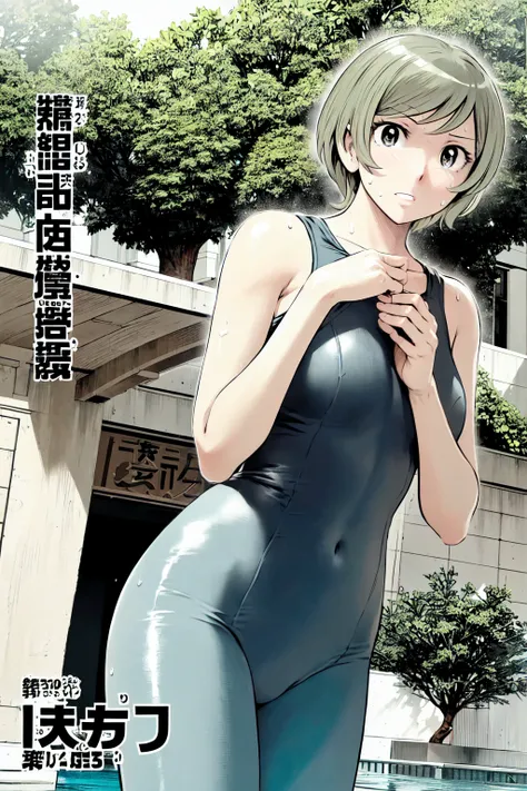 Blue school swimsuit、(masterpiece、Highest quality)、Highest quality, Ultra-high resolution, (((masterpiece))), alone, Sweat、Big eyes, Composition from the front、Shortcuts、Embarrassed face、blonde、Cut your hair short、School swimming pool、short hair、Pussy Line...