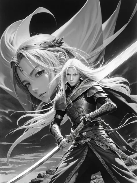 Drawn by famous Japanese illustrator Yoshitaka Amano, Elric, the protagonist of the Elric Saga by Michael Moorcock,Scene where he wields the great sword Stormbringer,Best Shot,Monochrome artistic illustration, A hyper-realistic,Illustration,High resolution...