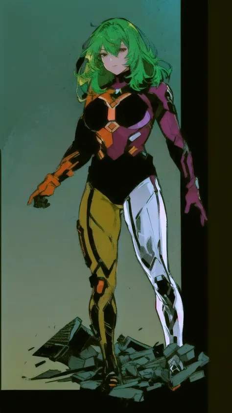 a woman in a bodysuit standing on a pile of debris, full body portrait of jean grey, full body x-force outfit, mixed color suit wit purple, orange, and silver, green hair, white pale face, bue eyes