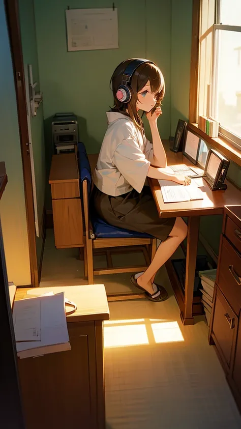 Beautiful girl studying in her room while listening to music with headphones、Warm lighting、Outside the room, Japanese anime style