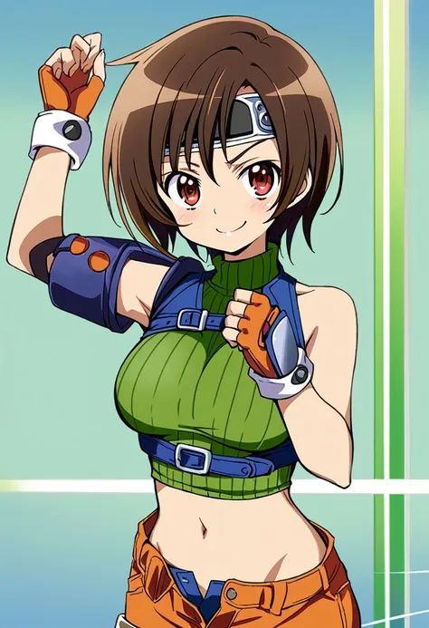 score_9, score_8_up, score_7_up,,BREAK source_anime, from front,front view,,.upperbody,,looking_at_viewer,1girl, yuffie kisaragi, final fantasy, short hair,headband,navel,sleeveless,turtleneck,brown eyes,sleeveless turtleneck,solo,breasts,looking at viewer...