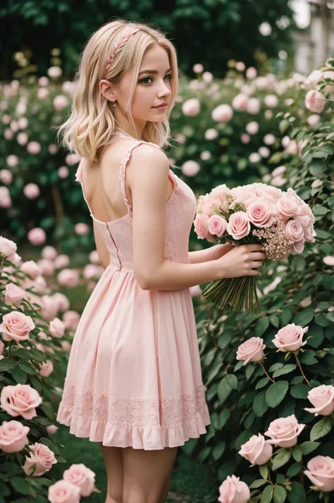 8k, RAW photo, Fujifilm, style photo of a beautiful young woman as avril in a garden of light pink roses (highly detailed skin: 1.2) Style-Petal BREAK short hair, blonde hair with colored locks, wearing a dress, film granulation, 35mm, cute style