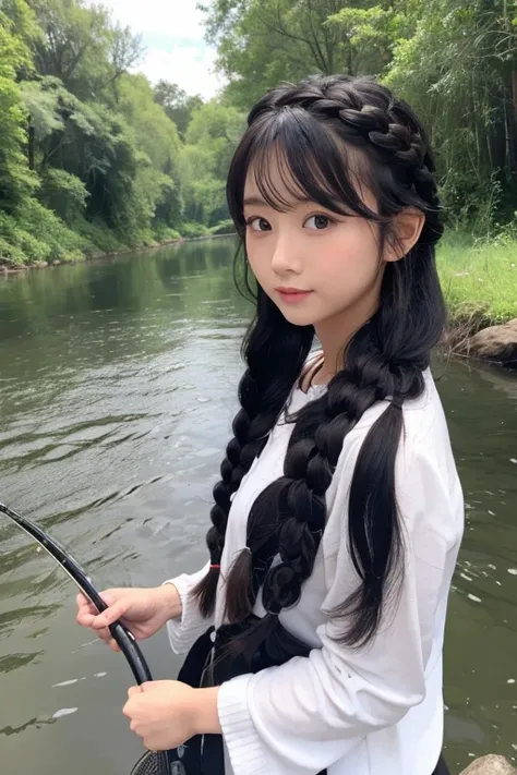 fishing、river、Braid、Long Black Hair、