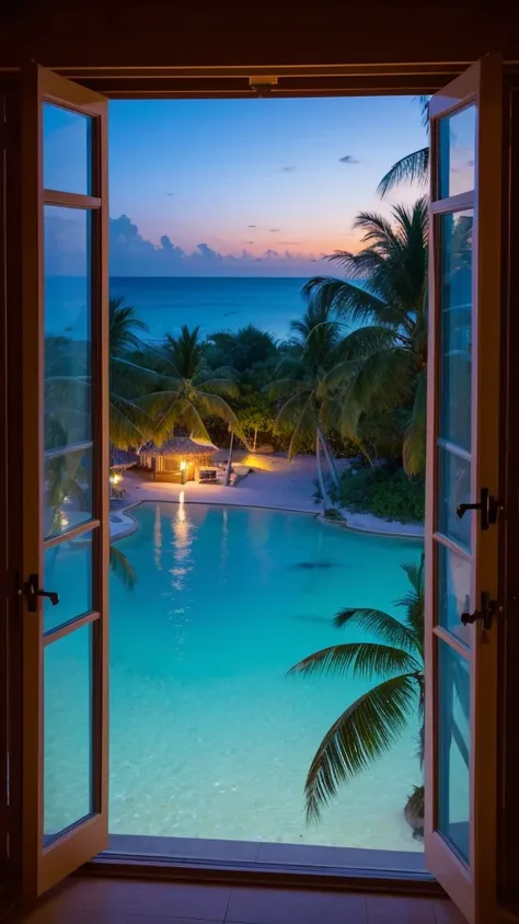 A tropical beach seen from a window　Night view