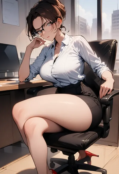 1milf，sit，cross your legs, office chair，looking at the audience, brown hair，glasses，white shirt，black，red high heels，masterpiece...