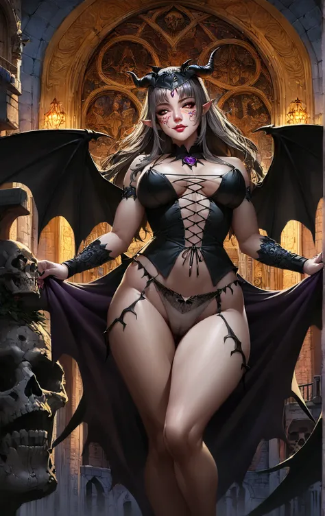 1girl, mature, milf, 50 years old, full body portrait, ancient succubus, athletic build, day of the dead facepaint, straddling over the camera with legs spread wide open, open legs, see through panties, pubic hair, demon wings, horns, fire and brimstone er...