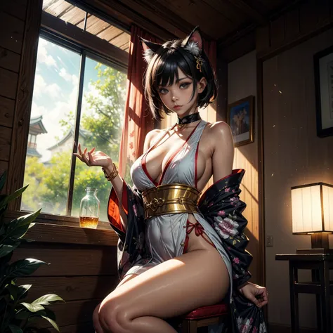 1girl, (solo), short hair, black hair, cat ears, gold eyes, bored, big breasts, cat tail, small size, fair skin, little sexy white kimono, deep neckline, sitting on chair, window behind, japanese room, (days), (very sexy body, detailed face, masterpiece, h...