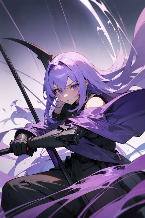 (Beautiful girl，Royal Knights，Wear portable protective gear)，Light purple hair、Long Hair、Portrait of a noble knight，Speed Line，Combat Stance，Wield a huge weapon，Expressionless，the below described，magma，Big Grim Reaper Scythe、Stocky body、Shoulders out
