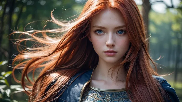 beautiful young redhead model with long tousled hair, portrait, beautiful blue eyes, looking directly at camera, outfit, masterpiece, best quality, very high intricate details, sharp focus, natural lighting, (((photorealistic))), rendering octane, HDR, 8k,...