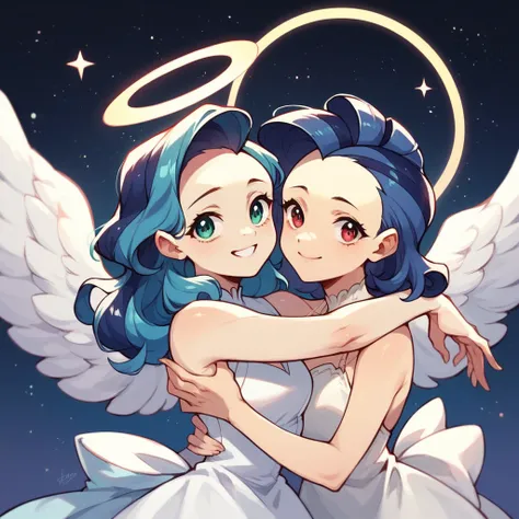 a woman, teal hair, red eyes, smile, angel wings, golden halo, white dress, standing upright, in outer space, milky way in the b...