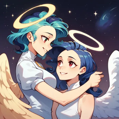 a woman, teal hair, red eyes, smile, angel wings, golden halo, white dress, standing upright, in outer space, milky way in the b...