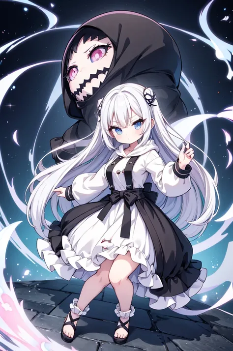 Anime-style image of a woman with white hair and black clothing, Cute 3D anime girl render, Cute anime waifu in a nice dress, Anime VTuber Full Body Model, Anime girl in a hoodie, Highly detailed characters, Official character art,exorcist,Big Tits,ghost