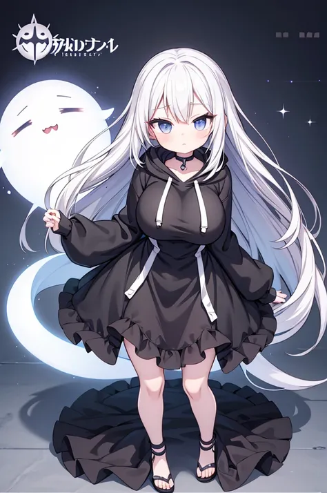 Anime-style image of a woman with white hair and black clothing, Cute 3D anime girl render, Cute anime waifu in a nice dress, Anime VTuber Full Body Model, Anime girl in a hoodie, Highly detailed characters, Official character art,exorcist,Big Tits,ghost