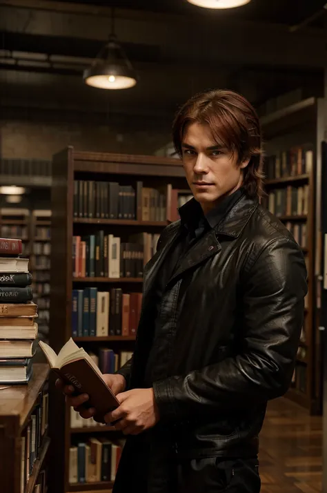 Damon Salvatore, a hot muscular gothic guy, stands in the aisle of a quiet Gotham City library, flipping through a book. The rain outside creates a calming ambiance. A red-haired woman named Jessi enters the same aisle, looking for a book. She glances at D...