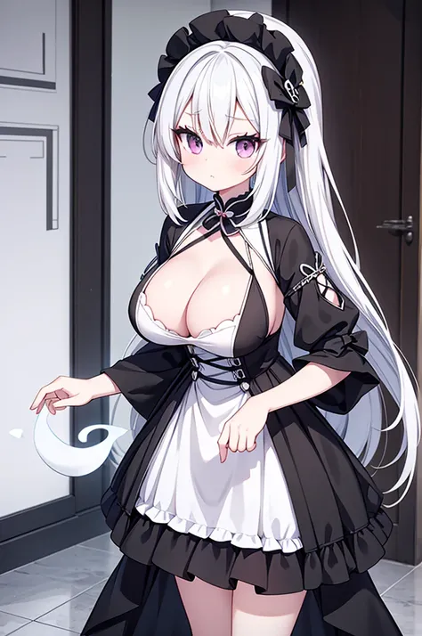 Anime-style image of a woman with white hair and black clothing, Cute 3D anime girl render, Cute anime waifu in a nice dress, Anime VTuber Full Body Model, Anime girl in a black dress, Gothic Maiden Anime Girl, Highly detailed characters, Official characte...