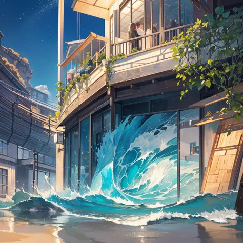 "Ultra-high resolution (4096K) watercolor illustration capturing the magical ambiance of a seaside restaurant at twilight, blending hyper-realism with ethereal elements to create an immersive dining experience.
Central focus:
A panoramic view of a cliffsid...