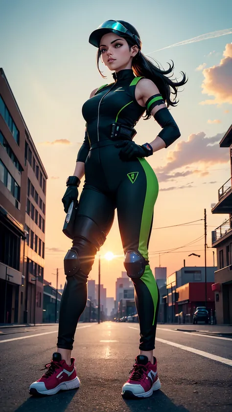 ((Full body photo, standing, on the ground)) A City with a beautiful sunset with a Wonderful Beautiful Adult Woman with black hair and green eyes and wearing Sneakers, Aerodynamic Jumpsuit, Helmet with visor Gloves with protective pads, jewelry and elbow p...