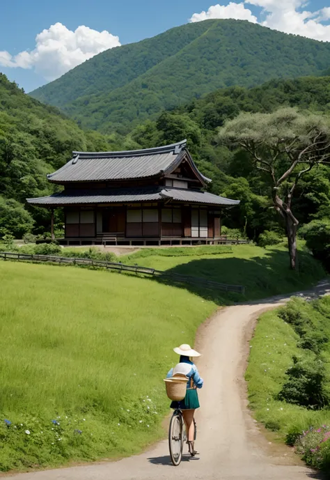 A beautiful countryside scene with a clear, bright blue sky filled with fluffy white clouds. Majestic mountains rise in the background, covered with lush green trees and vegetation. In the foreground, a narrow dirt path winds through vibrant green fields d...